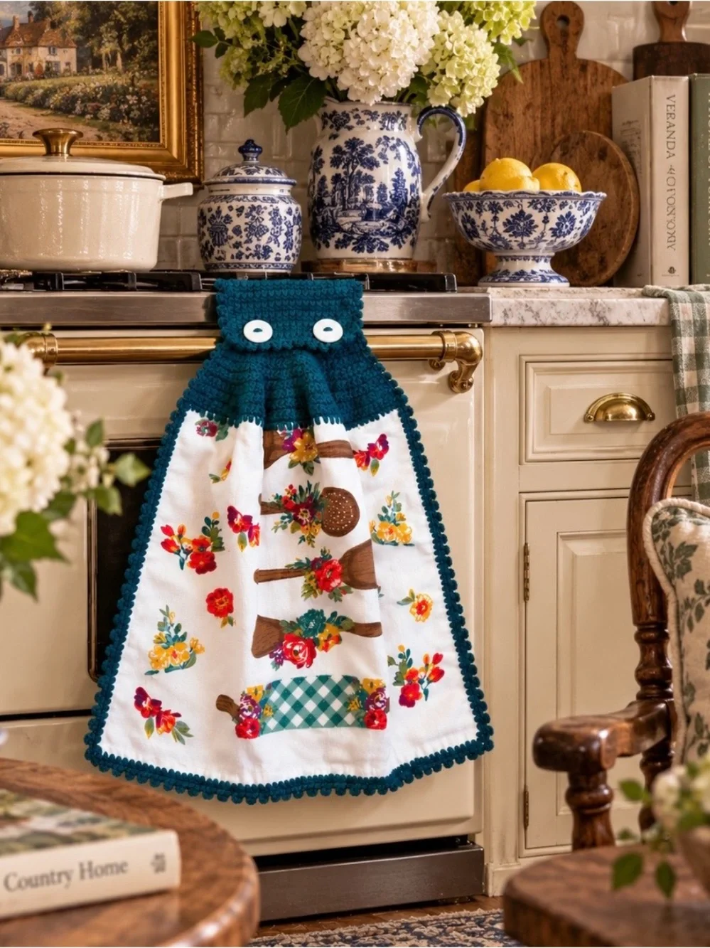 Pioneer Woman Handmade Crochet Hanging Kitchen Towel Teal Floral Utensils